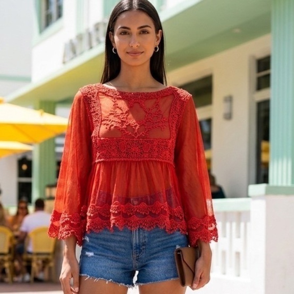 Red Mesh Crochet Lace Peplum Top Bell Sleeve Boho Large Festival Goth Dark Fairy